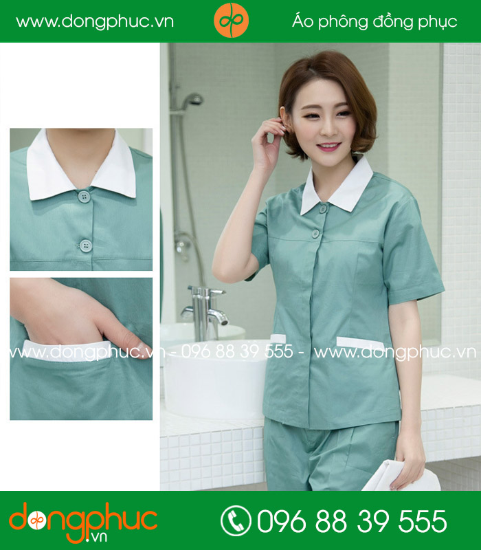 Đồng phục vệ sinh màu xanh đậm cổ trắng